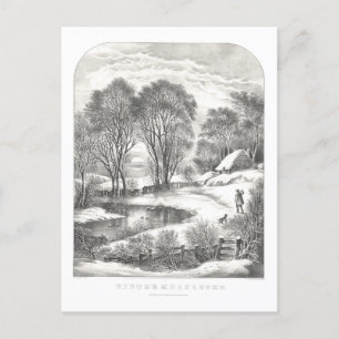 Vintager Currier & Ives Wintermondlichtlithograph Postkarte
