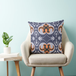 Vintager Damask - Blaues Orangefarbenes elegantes Kissen