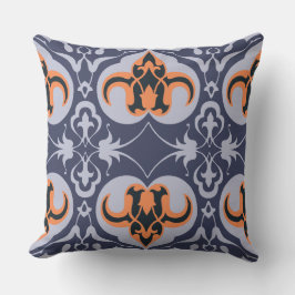 Vintager Damask - Blaues Orangefarbenes elegantes Kissen