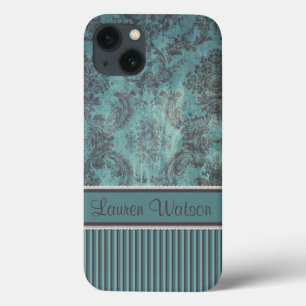 Vintager Damast aquamarines braunes Monogramm iPhone 13 Hülle