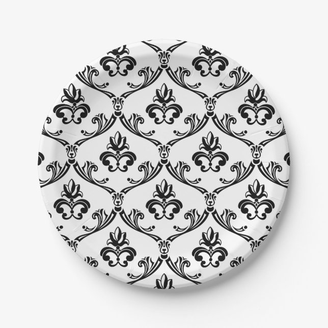 Vintager Damast Schwarz-Weiß-Blumen Pappteller (Vorderseite)
