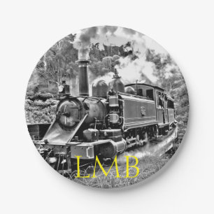 Vintager Dampf-Zug-Schwarzweiss-Motor Pappteller