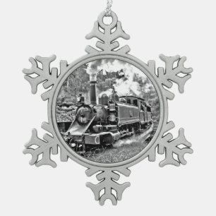 Vintager Dampf-Zug-Schwarzweiss-Motor Schneeflocken Zinn-Ornament
