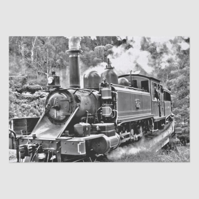 Vintager Dampfzug in Schwarz/Weiß Motor Seidenpapier (Vorderseite)