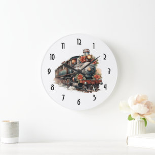 Vintager Dampfzug Traditionelle Weihnachtsfeiertag Große Wanduhr