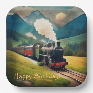 Vintager Dampfzug zum Geburtstag Pappteller