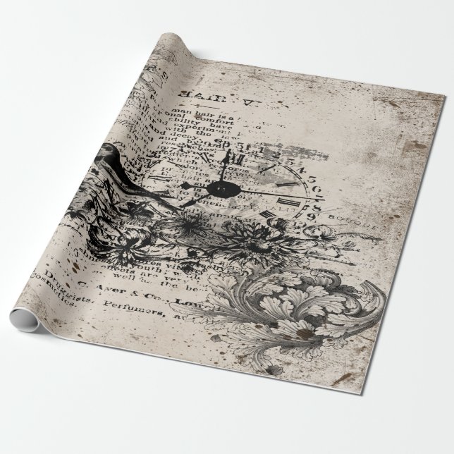 Vintager Decoupage Vogel und Uhr Geschenkpapier (Ungerollt)