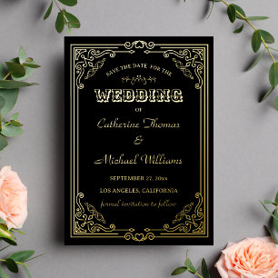 Vintager Deko Art Black & Golden Save the Date Folieneinladung