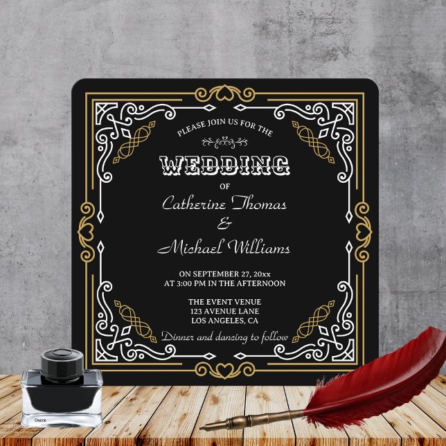 Vintager Deko Art Elegante Schwarz-weiße Hochzeit Einladung (Von Creator hochgeladen)