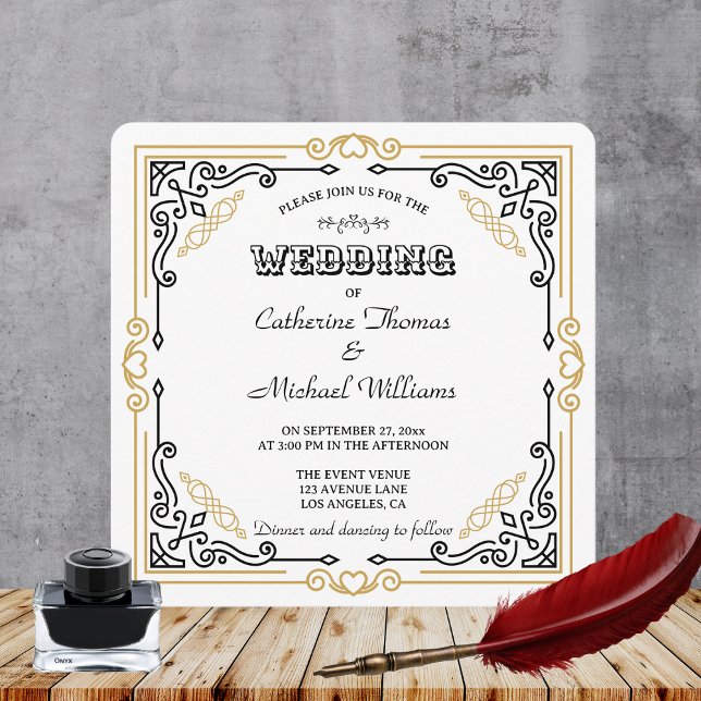 Vintager Deko Art Elegante Schwarz-weiße Hochzeit Einladung (Von Creator hochgeladen)