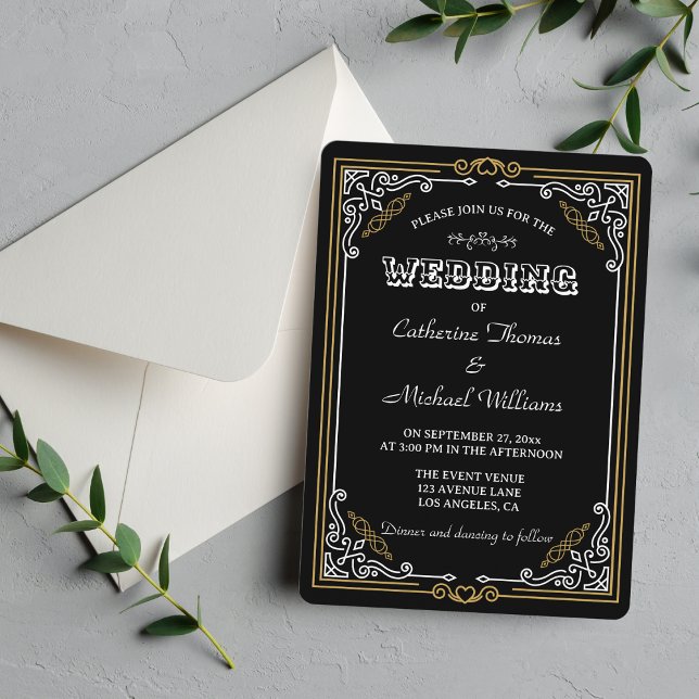 Vintager Deko Art Elegante Schwarz-weiße Hochzeit Einladung (Von Creator hochgeladen)