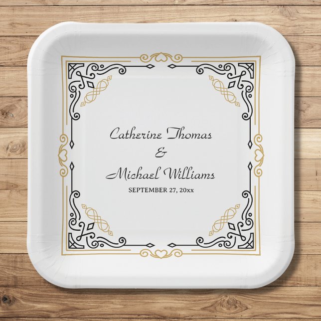 Vintager Deko Art Elegante Schwarz-weiße Hochzeit Pappteller (Von Creator hochgeladen)