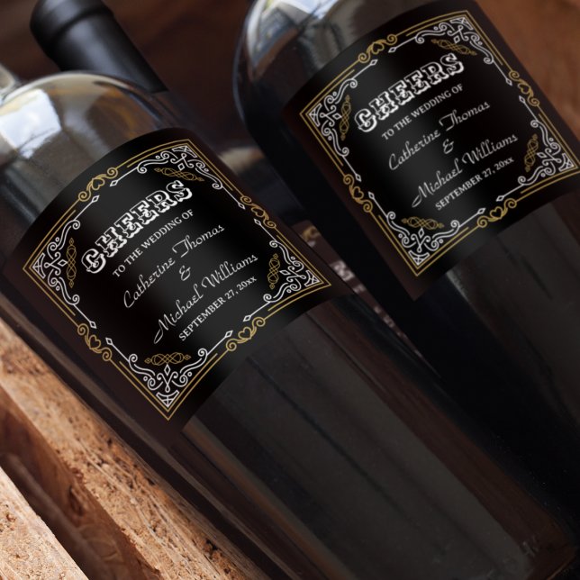 Vintager Deko Art Elegante Schwarz-weiße Hochzeit Weinetikett (Von Creator hochgeladen)