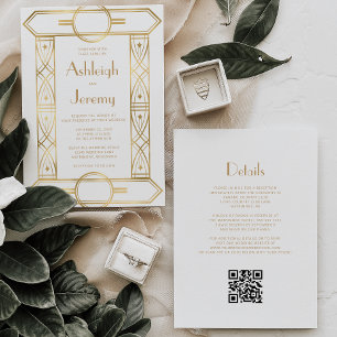 Vintager Deko-Rahmen mit weißem QR-Code Hochzeit Einladung