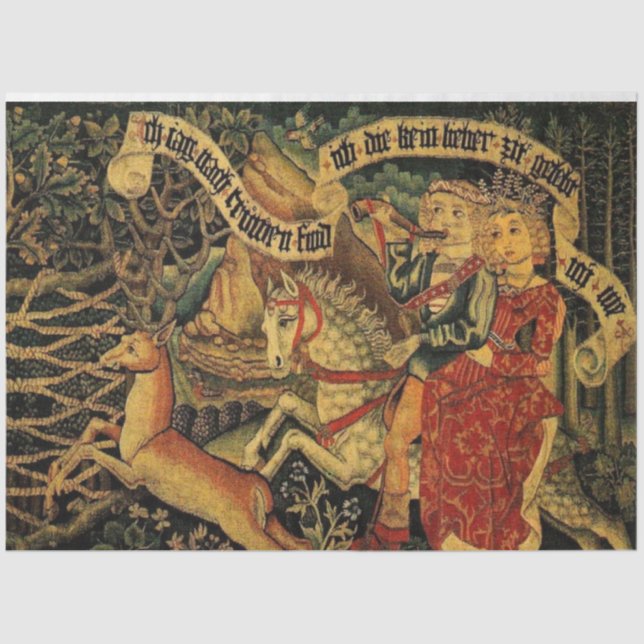 Vintager deutscher Mittelalter Liebe Jagd Enttäusc Seidenpapier (Vorderseite)