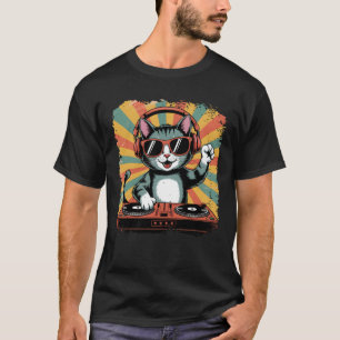 Vintager DJ Cat Disco Sound Tech Kopfhörer Electro T-Shirt