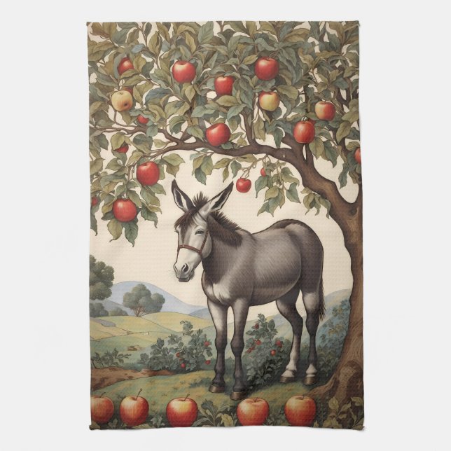 Vintager Donkey unter einem Apfelbaum Geschirrtuch (Vertikal)