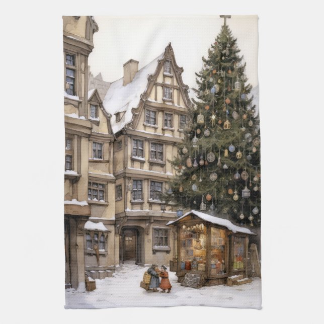 Vintager Dorfweihnachtsbaum Ansammlung Teetuch Geschirrtuch (Vertikal)