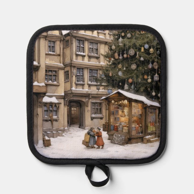 Vintager Dorfweihnachtsbaum Ansammlung Teetuch Topflappen (Vorderseite)