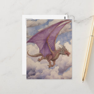 Vintager Drache Lila Flügel Wasserfarbe in Wolken Postkarte