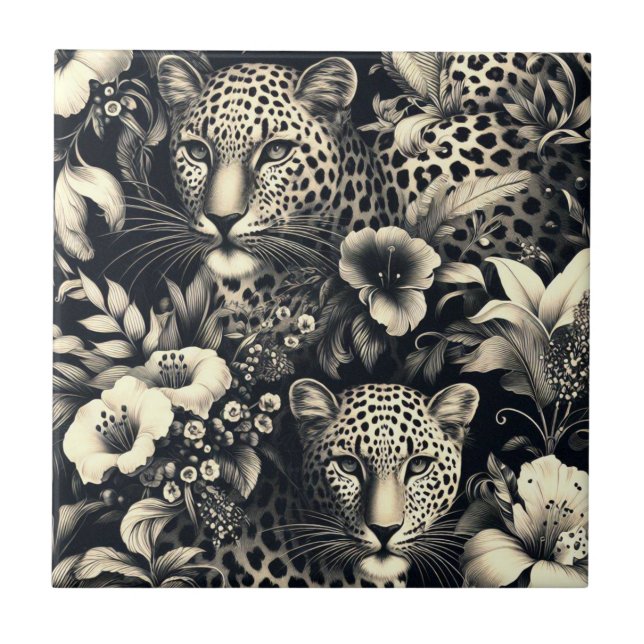 Vintager Dschungel Jaguar Fliese (Vorderseite)