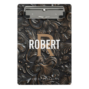 Vintager, dunkelbraun gearbeitete Ledermonogrammna Mini Klemmbrett