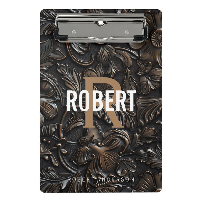 Vintager, dunkelbraun gearbeitete Ledermonogrammna Mini Klemmbrett (Vorderseite)