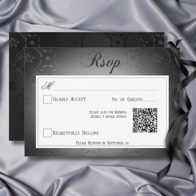 Vintager dunkelgotischer Schwarzdampfer-Hochzeitss RSVP Karte (Vintage Dark Gothic Black Damask Wedding QR Code RSVP Card)