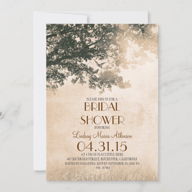 Vintager Eichenbaum & Liebesvögel Brautparty Einladung (Vorderseite)