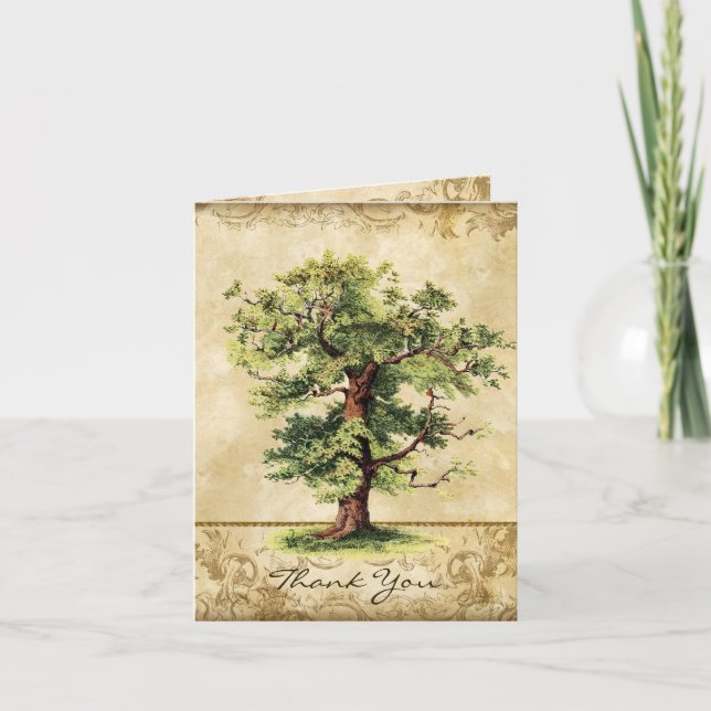 Vintager Eichenbaum Swirl Etchings Dankeskarte (Vorderseite)
