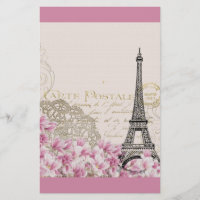 Vintager Eiffelturm Collage mit rosa Wildblumen