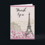 Vintager Eiffelturm mit rosa Blume Danke<br><div class="desc">Eine skurrile Vintage Collage mit einem alten französischen Postkartenhintergrund,  mit einer eiffelfarbenen Turmskizze und einigen rosa-weißen Wildblumen am unteren Rand. Extravagante Wirble Verzierungen schmücken die Seiten. Vielen Dank,  geschrieben in einem extravaganten handgeschriebenen Schriftart. Passen Sie die Meldung innerhalb an oder verließ,  wie es ist.</div>
