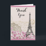 Vintager Eiffelturm mit rosa Blume Danke<br><div class="desc">Eine skurrile Vintage Collage mit einem alten französischen Postkartenhintergrund,  mit einer eiffelfarbenen Turmskizze und einigen rosa-weißen Wildblumen am unteren Rand. Extravagante Wirble Verzierungen schmücken die Seiten. Vielen Dank,  geschrieben in einem extravaganten handgeschriebenen Schriftart. Passen Sie die Meldung innerhalb an oder verließ,  wie es ist.</div>