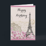 Vintager Eiffelturm mit rosa Blume Geburtstag Karte<br><div class="desc">Eine skurrile Vintage Collage mit einem alten französischen Postkartenhintergrund, mit einer eiffelfarbenen Turmskizze und einigen rosa-weißen Wildblumen am unteren Rand. Extravagante Wirble Verzierungen schmücken die Seiten. Herzlichen Glückwunsch zum Geburtstag in einem extravaganten handgeschriebenen Schriftart. Passen Sie die Meldung innerhalb an oder verließ, wie es ist. Die Botschaft lautet: Einen wunderbaren...</div>