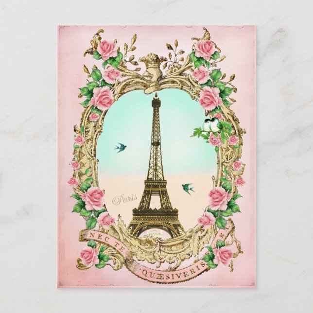 Vintager Eiffelturm mit rosa Rosen Postkarte (Vorderseite)