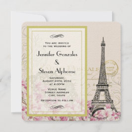 Vintager Eiffelturm mit rosa Wildblumen Hochzeit Einladung