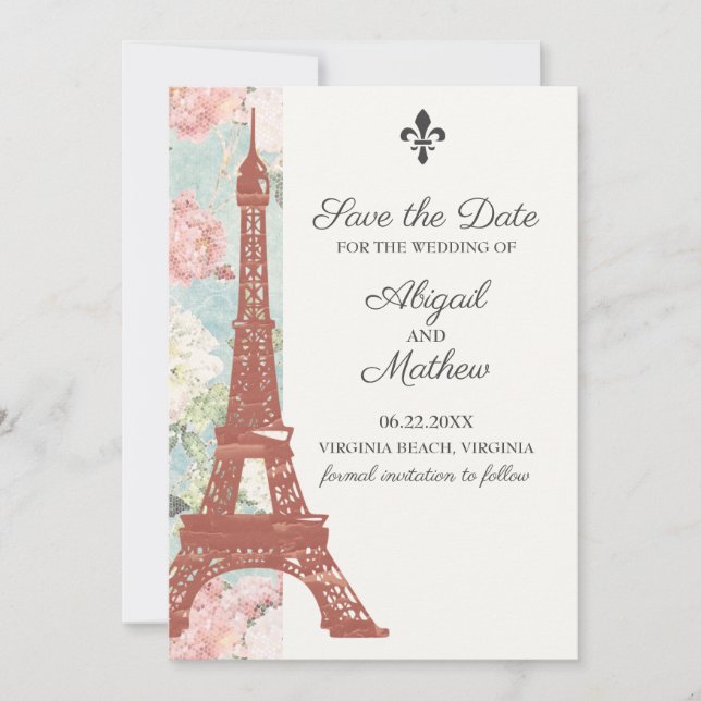 Vintager Eiffelturm Paris Blue Wedding Save The Date (Vorderseite)