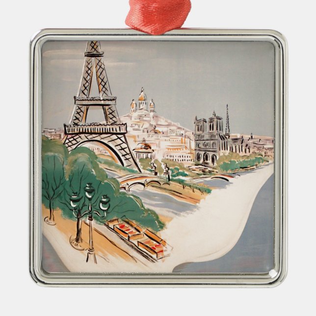 Vintager Eiffelturm Paris Luftreisewerbung Silbernes Ornament (Vorne)