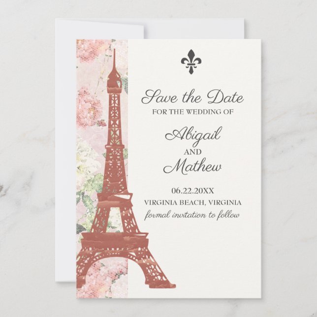 Vintager Eiffelturm Paris Pink Wedding Save The Date (Vorderseite)