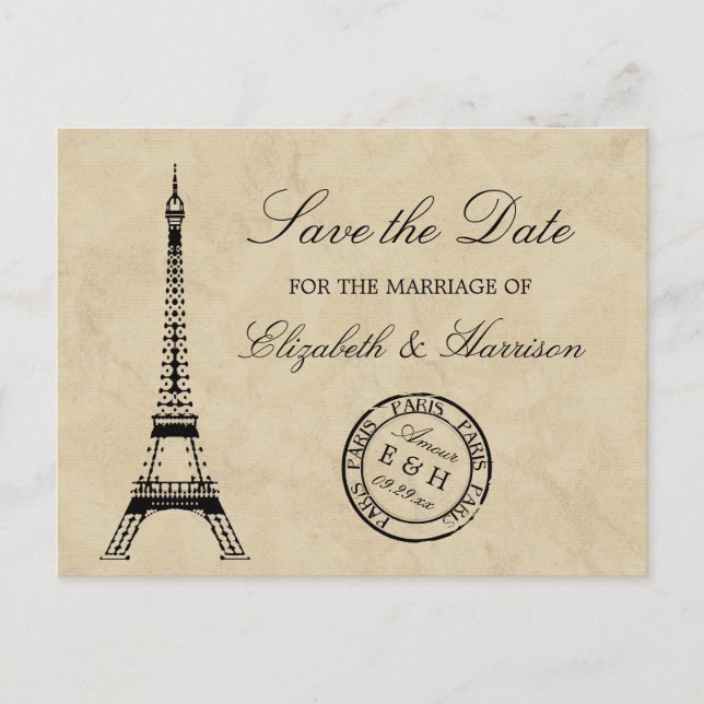Vintager Eiffelturm Paris Postmark Save the Date Ankündigungspostkarte (Vorderseite)