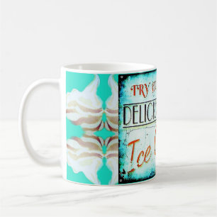 Vintager Eisbereich mit türkisfarbenem Schild Tasse