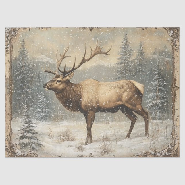 Vintager Elch Landschaftlich rustikale Decoupage Seidenpapier (Vorderseite)