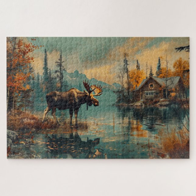 Vintager Elchsee-Hütte Herbstblätter 20x30 Puzzle (Horizontal)