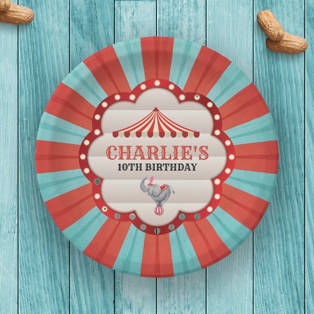 Vintager Elefant im Circus Red & Blue-Muster Pappteller (Personalized Circus Paper Plates)