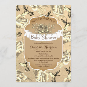 Vintager Elegant Sepia Floral & Hummingbirds Einladung