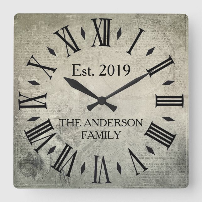 Vintager eleganter Familienname römischer Numerus  Quadratische Wanduhr (Vorderseite)