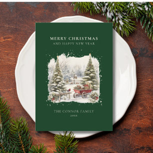 Vintager Eleganter Watercolor Weihnachtsbaumwald Feiertagskarte