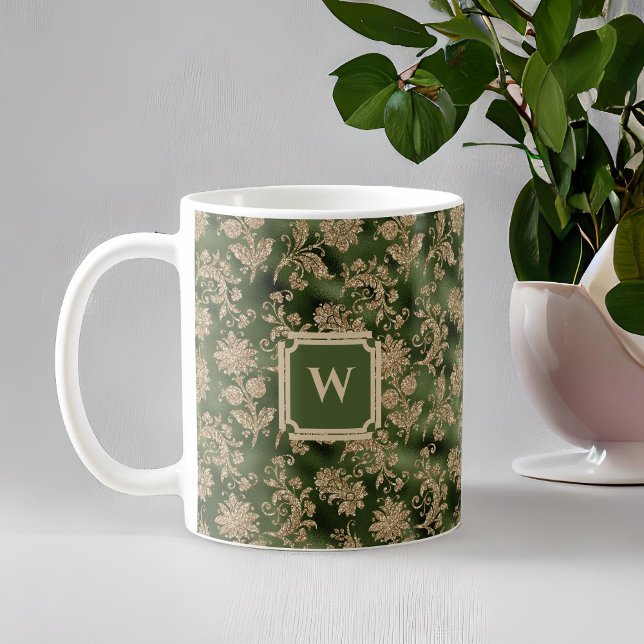 Vintager Emerald Green Gold Damask mit Monogramm Kaffeetasse (Von Creator hochgeladen)