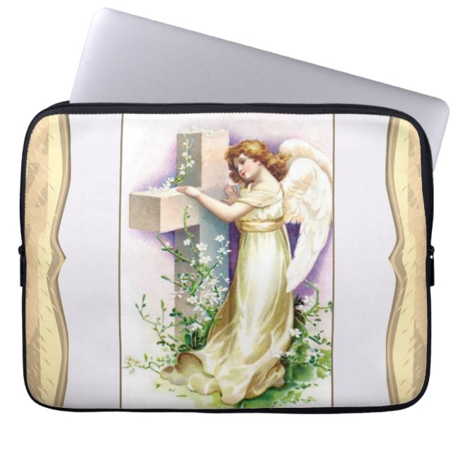 Vintager Engel mit Christlichem Kreuz Laptopschutzhülle (Vorderseite)