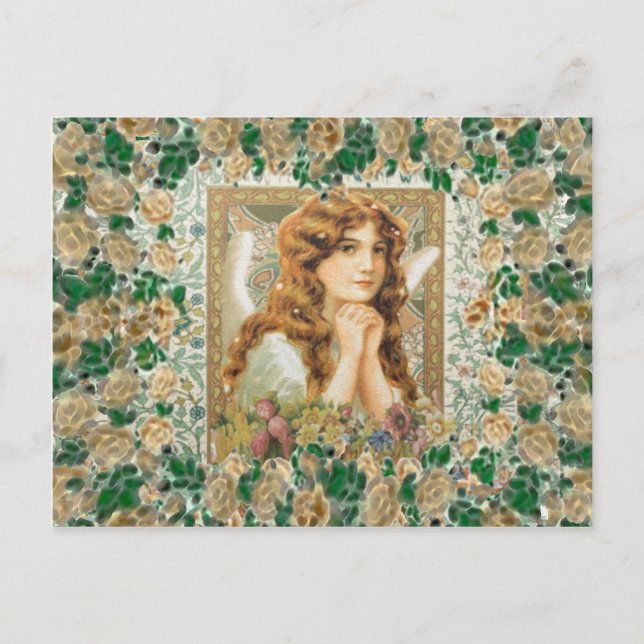 Vintager Engel mit Gelben Rosen Postkarte (Vorderseite)